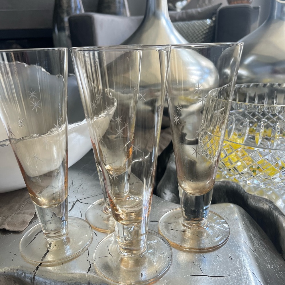 Rare vintage gold tinged atomic age, starburst celebration glasses set of four